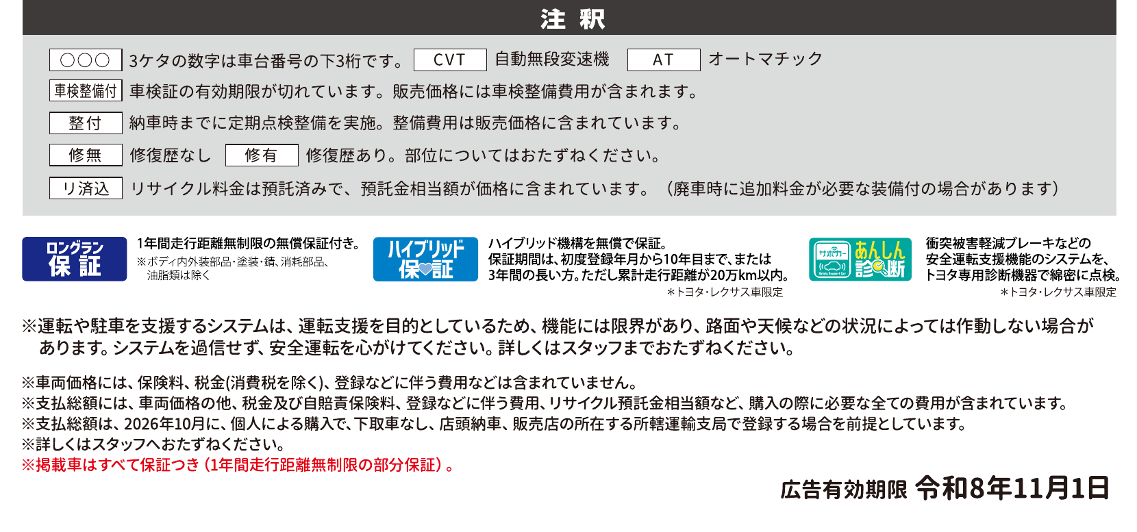 車両注釈、保証・あんしん診断、価格についての注意。広告有効期限 令和8年11月1日。