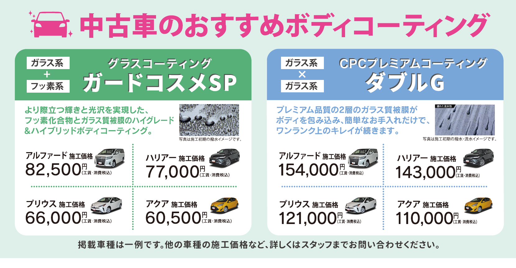 中古車のおすすめボディコーティング：ガードコスメSP・ダブルG。施工価格は元原稿をご覧ください。