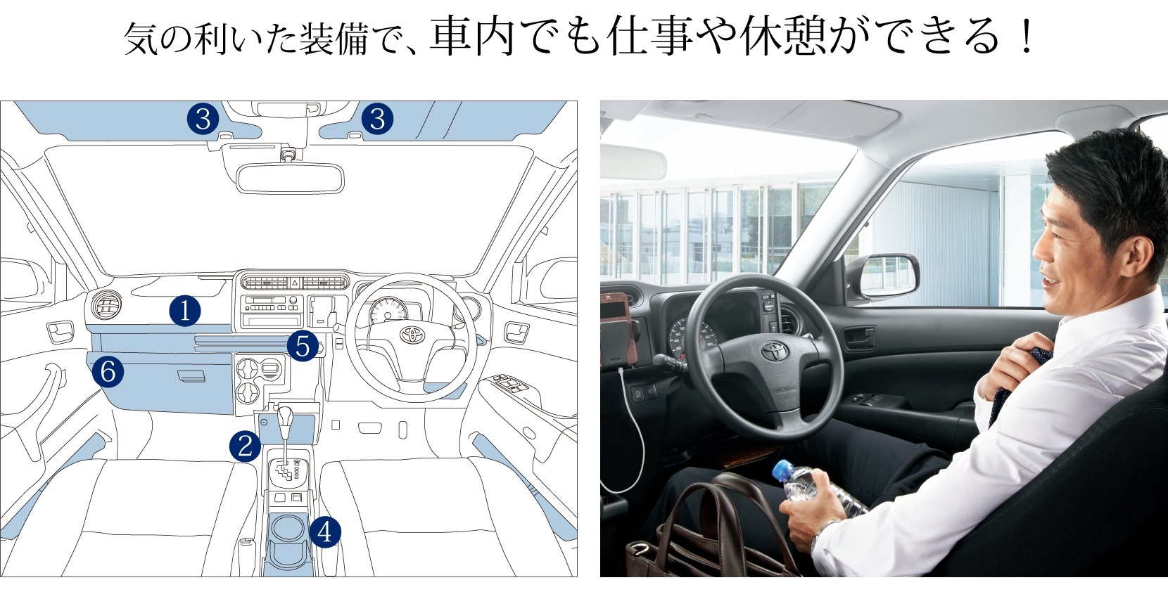 新車 サクシード 気の利いた装備で、車内でも仕事や休憩ができる!