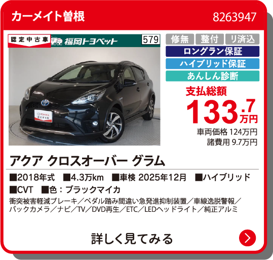 カーメイト曽根 ｱｸｱ ｸﾛｽｵｰﾊﾞｰｸﾞﾗﾑ 133.7万円