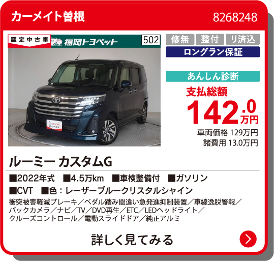 カーメイト曽根 ﾙｰﾐｰ ｶｽﾀﾑG 142.0万円