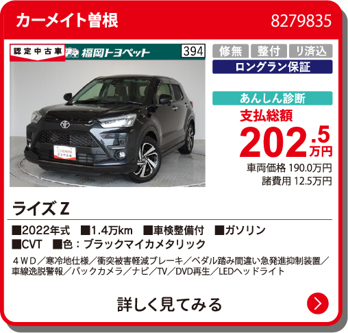 カーメイト曽根 ﾗｲｽﾞ Z 202.5万円