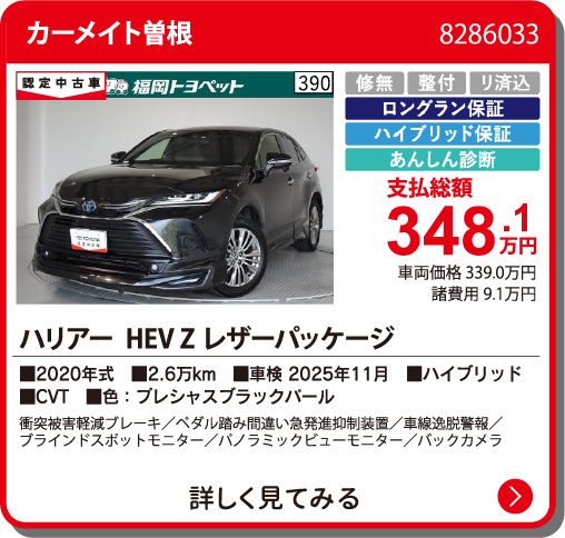 カーメイト曽根 ﾊﾘｱｰHEV Zﾚｻﾞｰﾊﾟｯｹｰｼﾞ 348.1万円