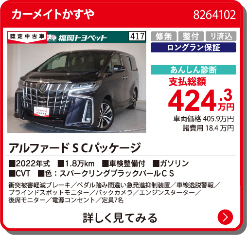 カーメイトかすや ｱﾙﾌｧｰﾄﾞ S Cﾊﾟｯｹｰｼﾞ 424.3万円