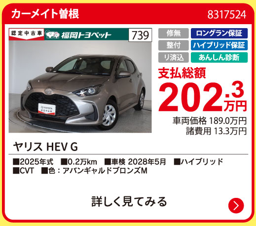 カーメイト曽根 ヤリスHEV G 202.3万円