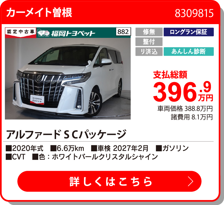 カーメイト曽根 ｱﾙﾌｧｰﾄﾞ S Cﾊﾟｯｹｰｼﾞ 396.9万円