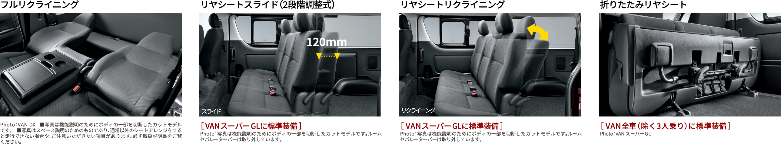 フルリクライニング　リヤシートスライド（２段階調整式）　リヤシートリクライニング　折りたたみリヤシート